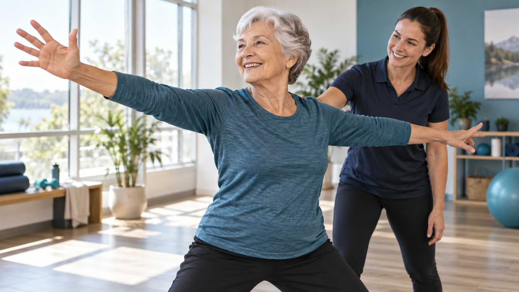 Older adult practicing guided movement with a coach