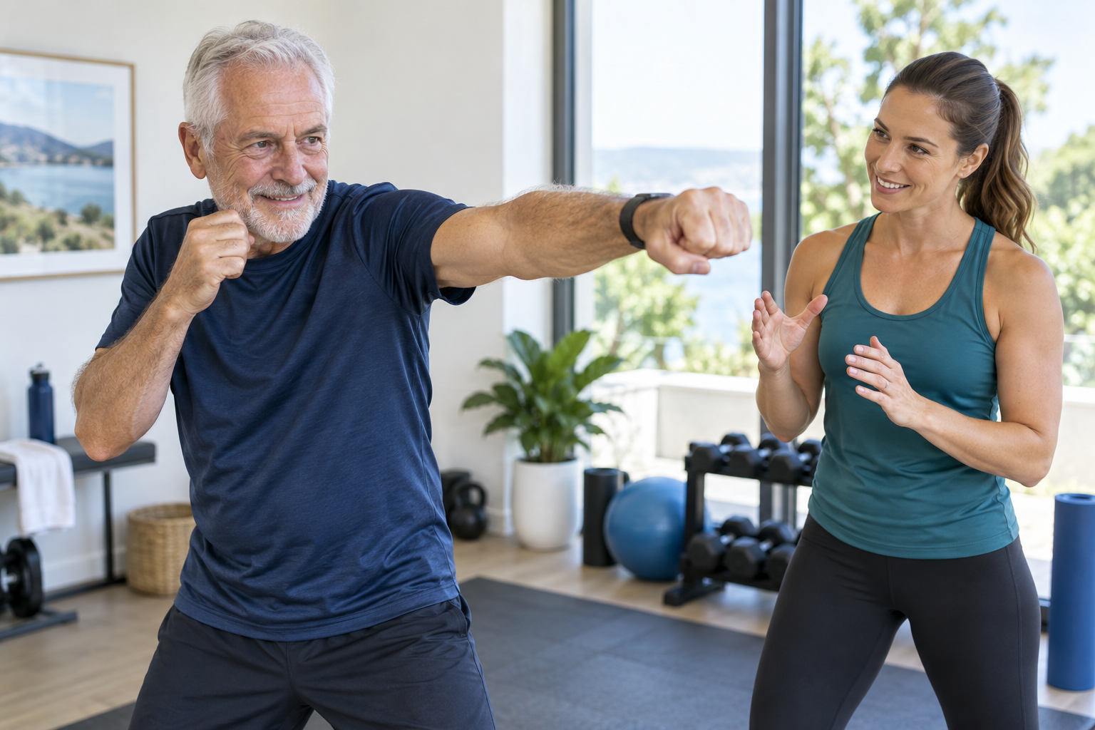 Older adult practicing a movement routine with coaching at home